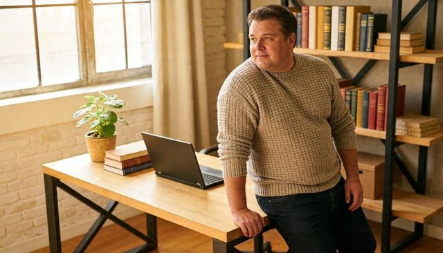 Man leaning on desk gazing through window in cozy home office with laptop and books