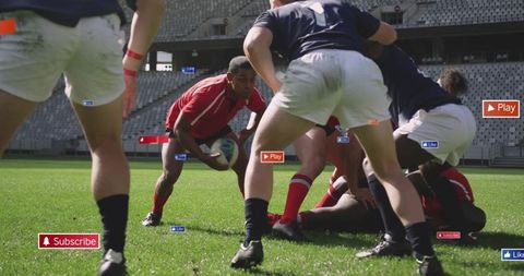 Intense Rugby Match in Action with Focus on Central Player