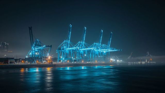 Cyan-lit gantry cranes reflecting on foggy harbor water at night, industrial port terminal glowing