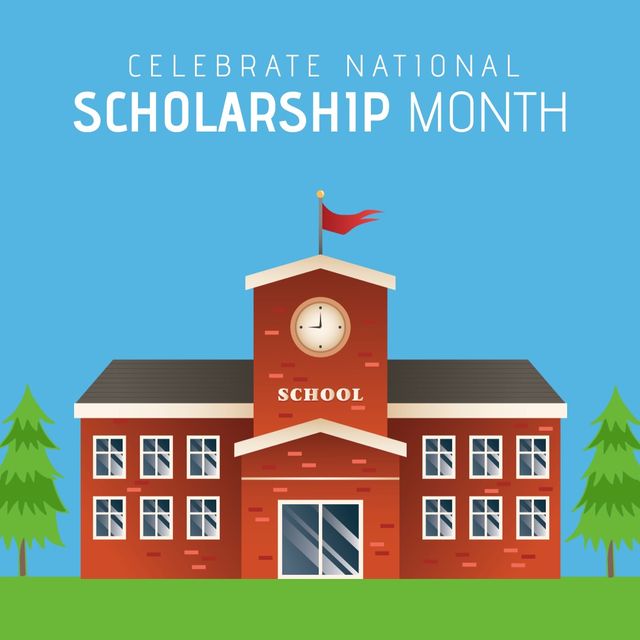 Illustration of celebrate national scholarship month text and school building on blue background - Download Free Stock Videos Pikwizard.com