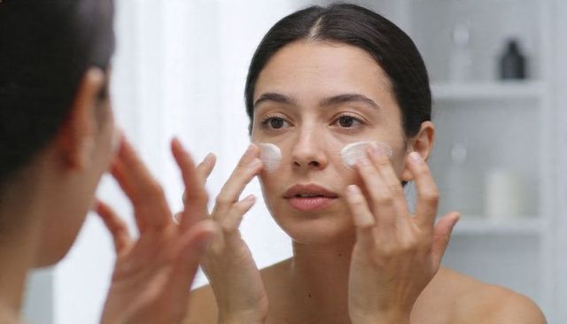Young woman applying face cream at mirror with bare shoulders morning skincare routine