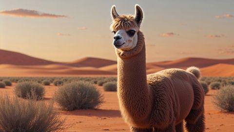 Fluffy brown llama enjoying peaceful desert landscape at golden hour