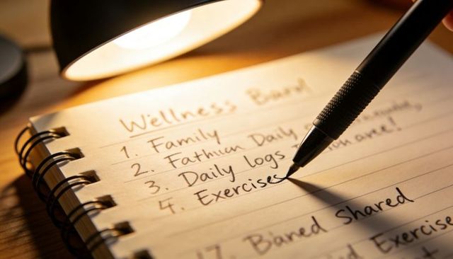 Wellness Checklist on Spiral Notebook with Pen and Warm Lamp Light for Self-Care Planning