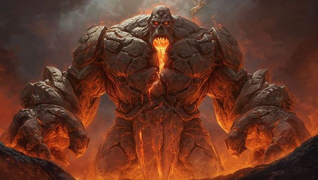 Fiery volcanic rock golem roaring amid molten landscape