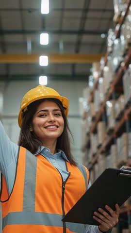 Vertical warehouse inspection video: female inspector in hard hat checking inventory
