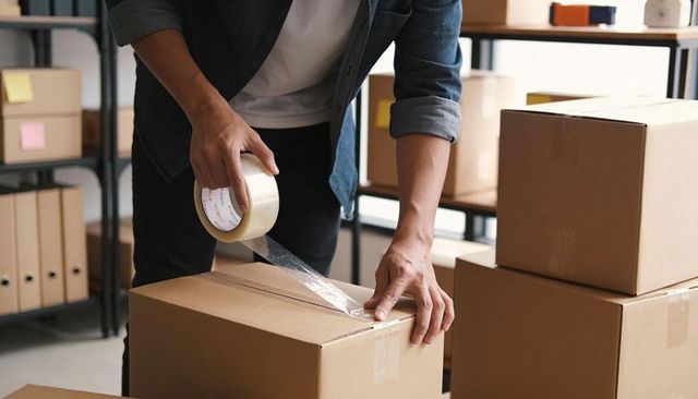 Small Business Packing and Shipping Workflow Showing Hands Sealing Cardboard Boxes
