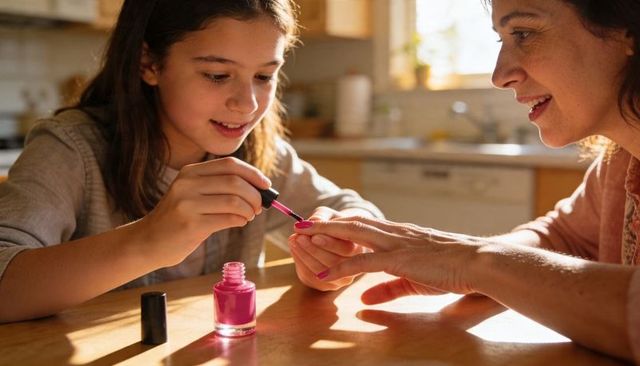 Mother and daughter painting nails together at sunlit kitchen table pink manicure moment