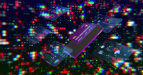 Neon fintech scene with floating smartphone, virtual credit card and holographic UIs