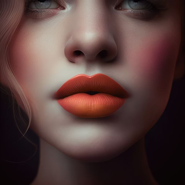 Close-up view of a woman's lips adorned with bold orange lipstick. The image highlights the vibrant color and lush texture of the lips. Ideal for use in beauty and fashion campaigns, makeup tutorials, social media advertising, and cosmetic product promotions.