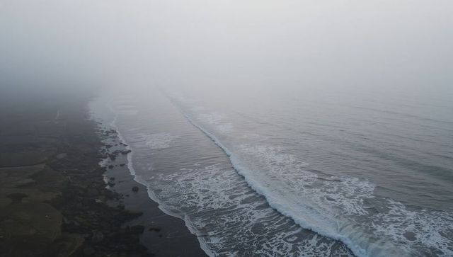 Moody seascape with rolling waves in foggy atmosphere