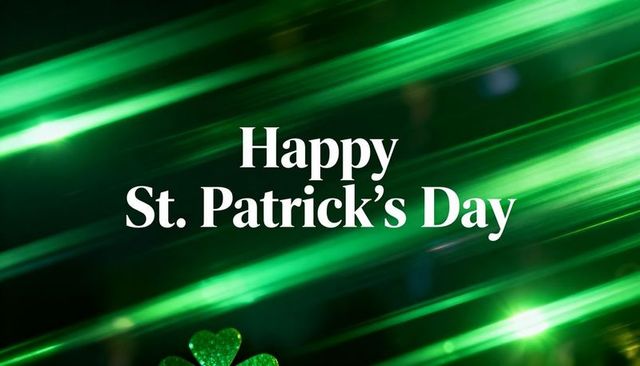 Happy st. Patrick's day emerald light streaks greeting card with glitter shamrock