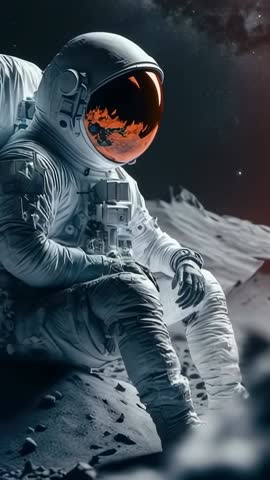 Vertical Sci-Fi Video Astronaut Sitting on Alien Crater with Gold Visor Dust Swirl