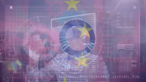 Woman Experiencing Virtual Reality Overlayed with European Union Flag