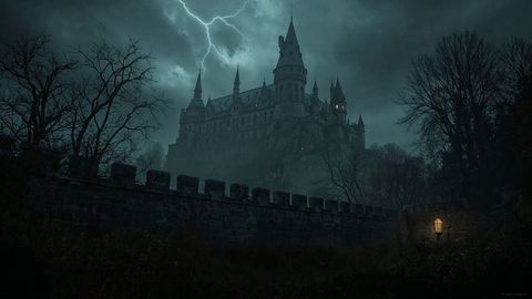 Gothic castle illuminated by stormy sky with lightning bolt