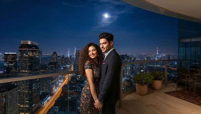 Romantic couple holding hands on luxury rooftop balcony with night city skyline