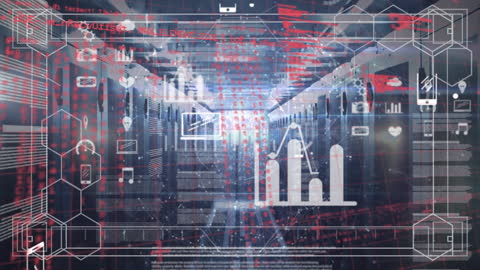 Digital Data Networks Overlaid on Server Room Interior