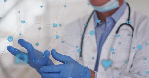 Doctor Wearing Gloves with Medical and Technology Icons Overlay
