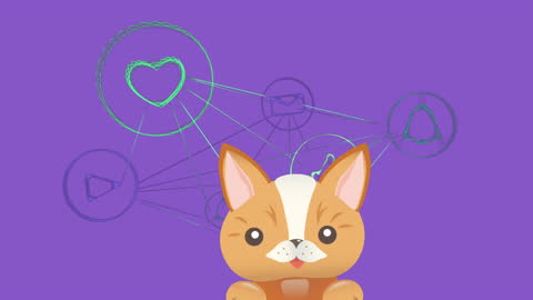 Adorable Animated Cat with Interactive Icons on Purple Background