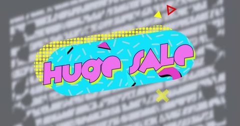Retro memphis huge sale banner in neon cyan capsule with magenta text and halftone