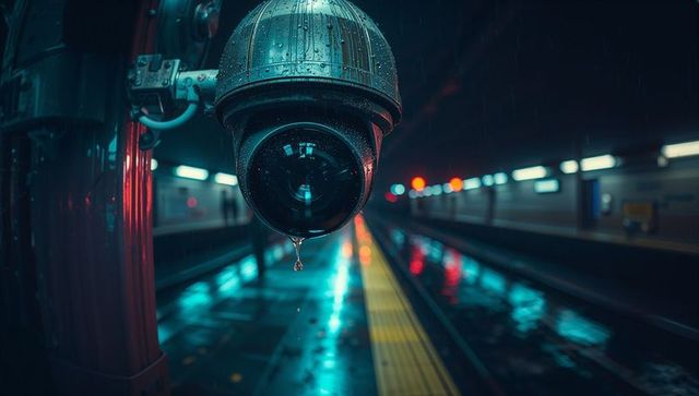 Security surveillance camera in rainy underground station