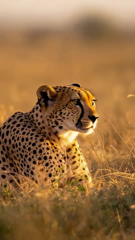 Cheetah lifting head and tracking movement in dry grass during golden hour vertical video