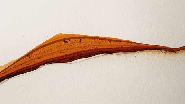 Amber rust brush stroke flowing across textured paper with pigment splatter detail