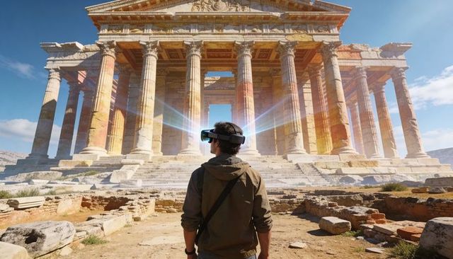 Explorer wearing vr headset experiencing mixed reality at ancient temple ruins
