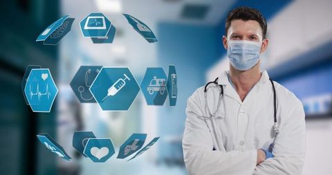 Confident Doctor with Floating Medical Icons Highlighting Healthcare Technology