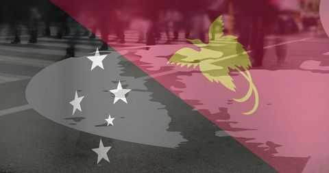 Motion blur of pedestrians with papua new guinea flag overlay