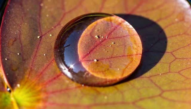 Macro water droplet refracting leaf veins with crescent shadow and pollen
