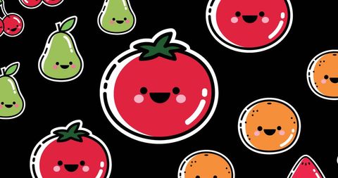 Cute Cartoon Fruits and Vegetables on Black Background
