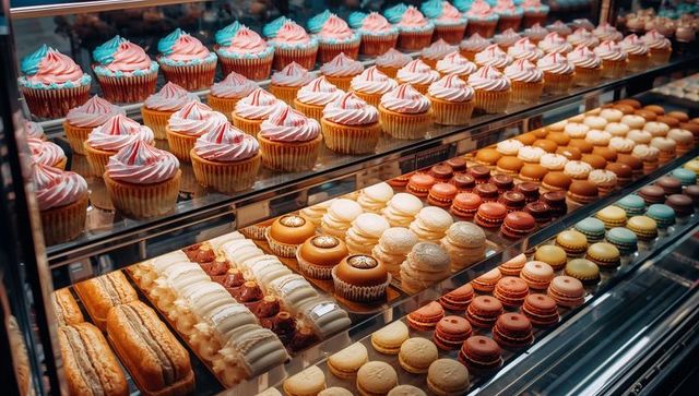 Colorful bakery display showcasing cupcakes, macarons, tarts and eclairs on mirrored trays