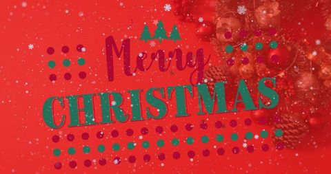 Merry christmas green typography on red festive background with snowflakes and ornaments