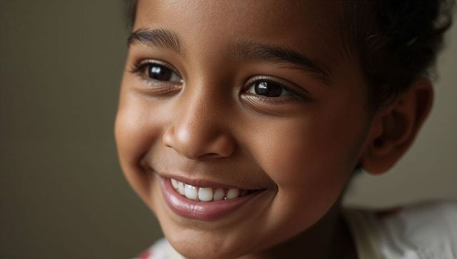 Smiling girl looking off-camera with warm joyful expression and bright eyes