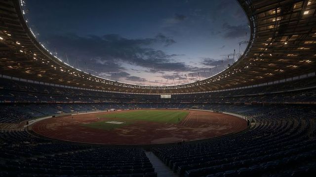Empty Stadium Illuminated at Dusk with Running Track and Green Field