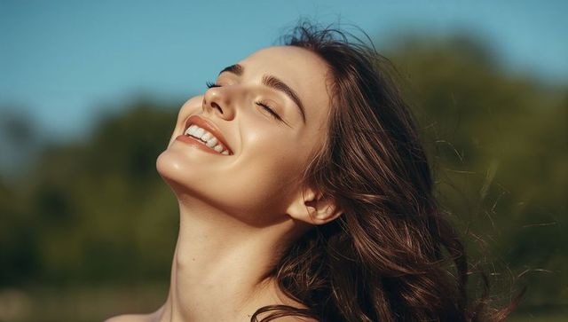 Smiling brown-haired woman enjoying warm sunlight eyes closed bare shoulders portrait