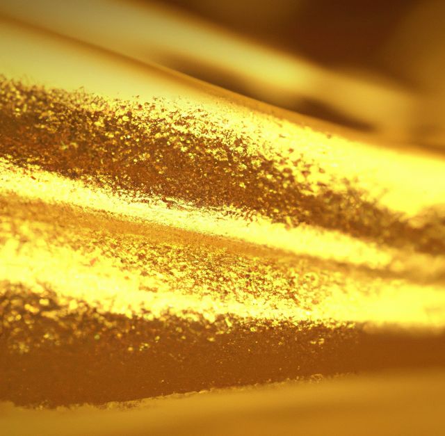 Close-up view of an abstract golden metallic surface with textured, glitter-like details. This image is suitable for use in art projects, websites, backgrounds, marketing materials, and visually appealing designs that require a sense of luxury, wealth, and sophistication.