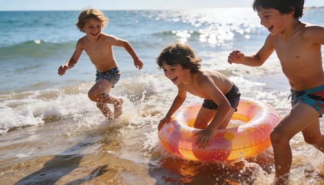 Three boys running and splashing at sunlit beach with colorful inflatable ring