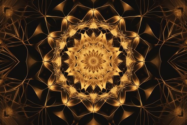 Abstract golden mandala with intricate symmetrical patterns glowing with radiant light. Suitable for meditation, spiritual backgrounds, and decorative art. Ideal for use in interior design, wellness center decorations, and elegant artwork designs.