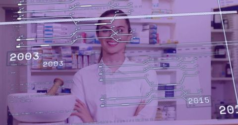 Smiling female pharmacist at pharmacy counter with mortar and pestle and digital timeline overlay