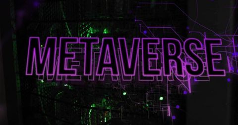 Glimmering metaverse text on virtual circuitry