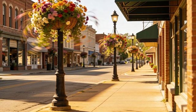 Swaying hanging flower baskets on vintage lampposts lining sunlit small town main street