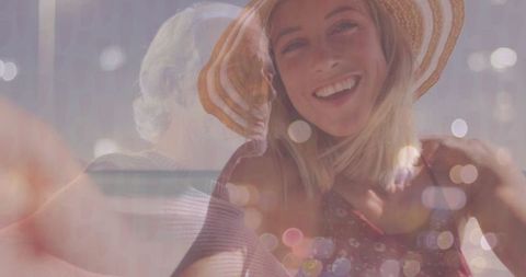 Creative Double Exposure with Smiling Woman in Straw Hat