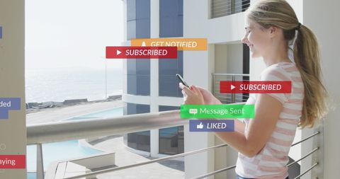 Woman Engaging with Social Media Notifications on Balcony