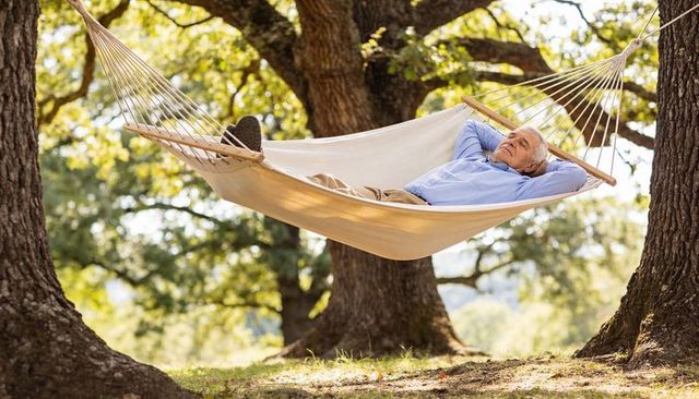 Senior man relaxing in hammock under oak trees enjoying peaceful outdoor retirement moment