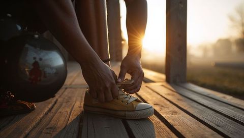 Tying sneaker at sunrise on wooden porch with reflective globe and ankle bracelet
