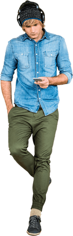 Focused Young Man in Denim Shirt Listening to Music on Smartphone Transparent - Download Free Stock Videos Pikwizard.com