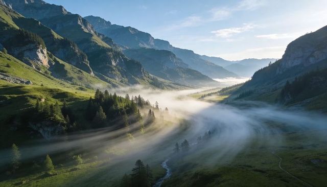Morning mist flowing through alpine valley with winding stream and pine ridge