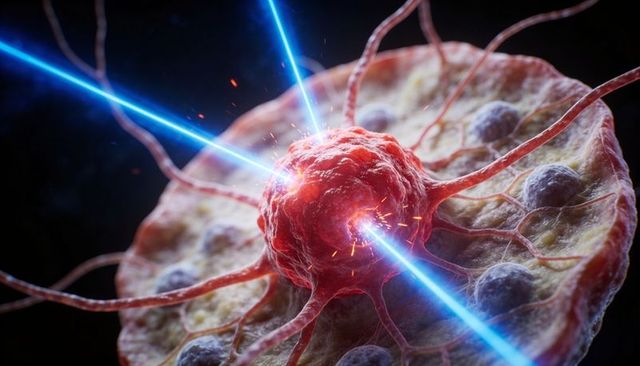 Laser-targeting cancer cell on bio-scaffold with radiating filopodia and nodular substrate