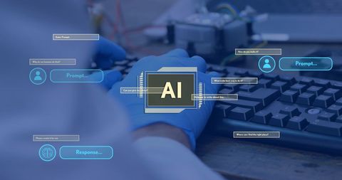Person engaging with ai interface on computer, blue gloves